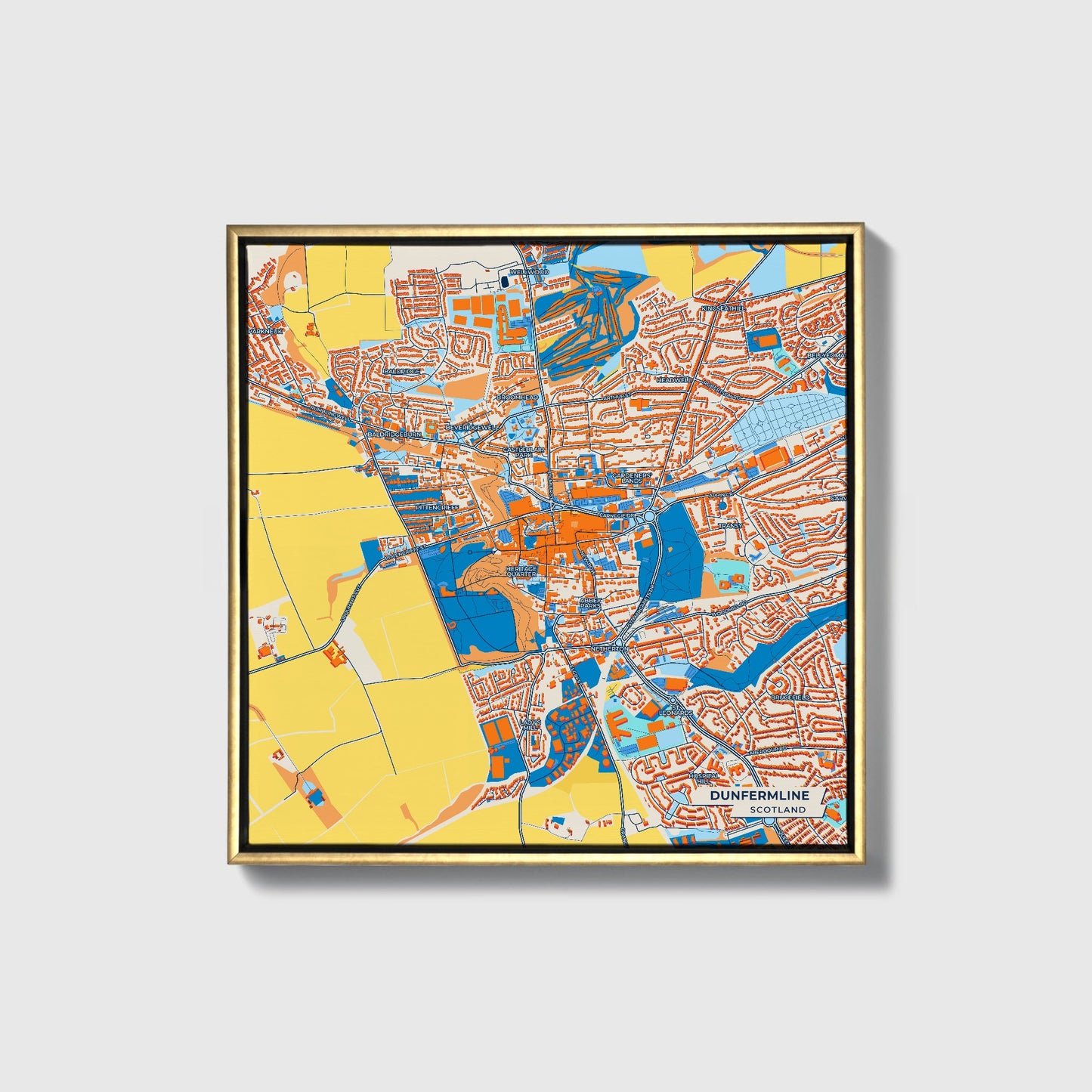 Dunfermline Scotland Colorful City Map Canvas Print • Gold Framed