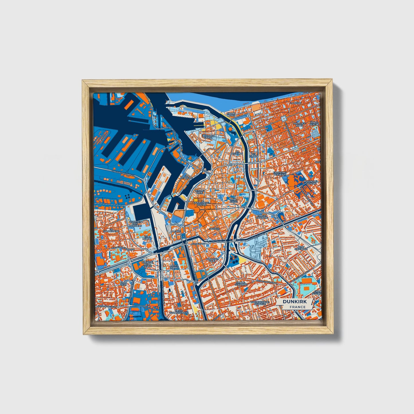 Dunkirk France Colorful City Map Canvas Print • Natural Wooden Framed