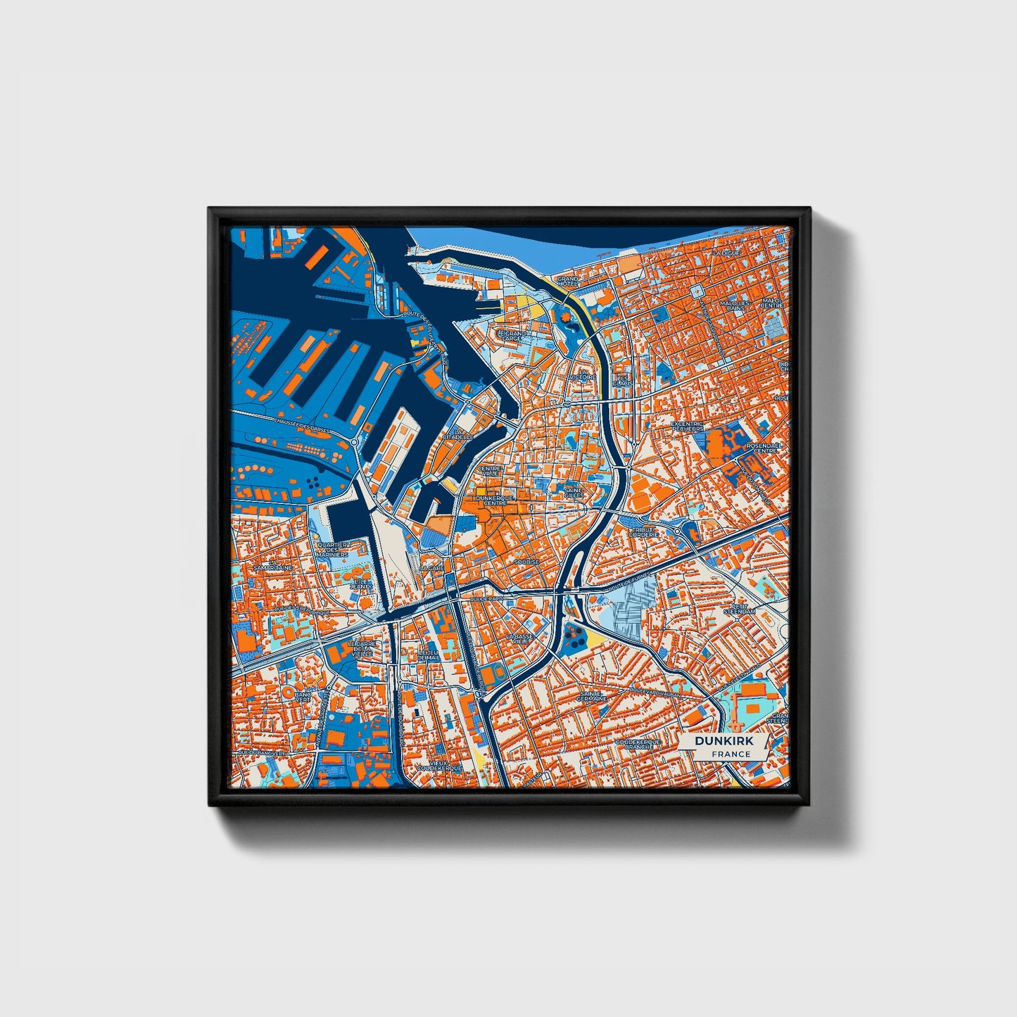 Dunkirk France Colorful City Map Canvas Print • Black Framed