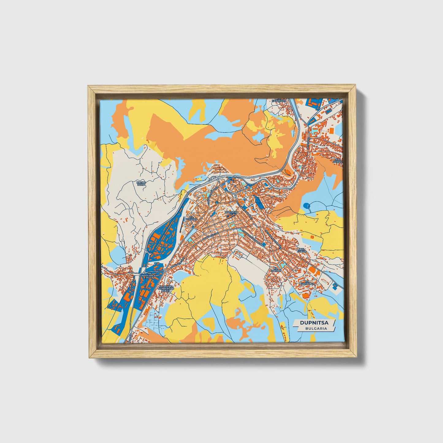 Дупница Bulgaria Colorful City Map Canvas Print • Natural Wooden Framed