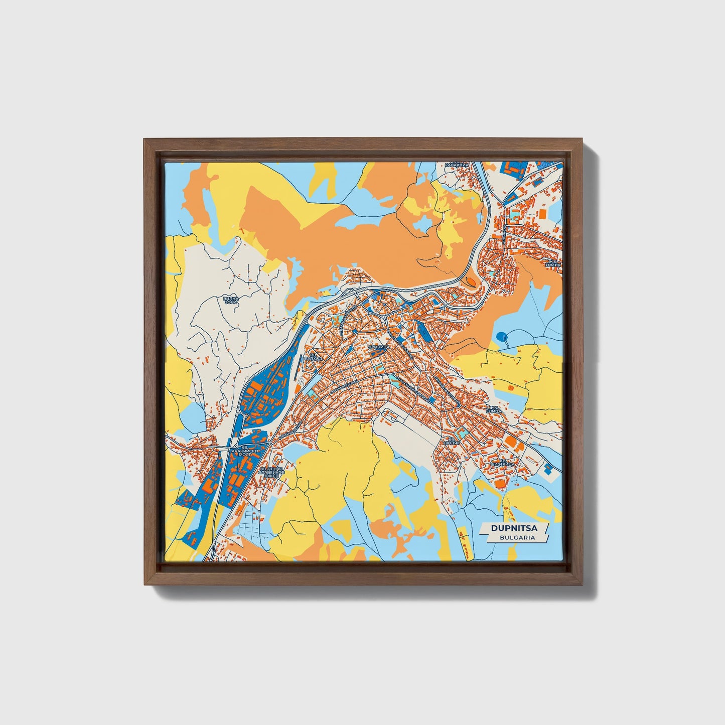 Дупница Bulgaria Colorful City Map Canvas Print • Dark Wooden Framed