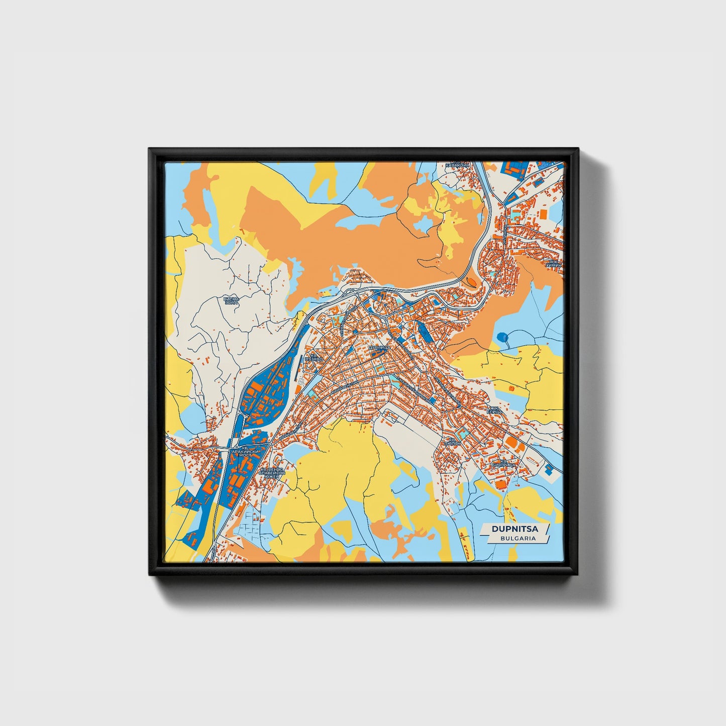Дупница Bulgaria Colorful City Map Canvas Print • Black Framed