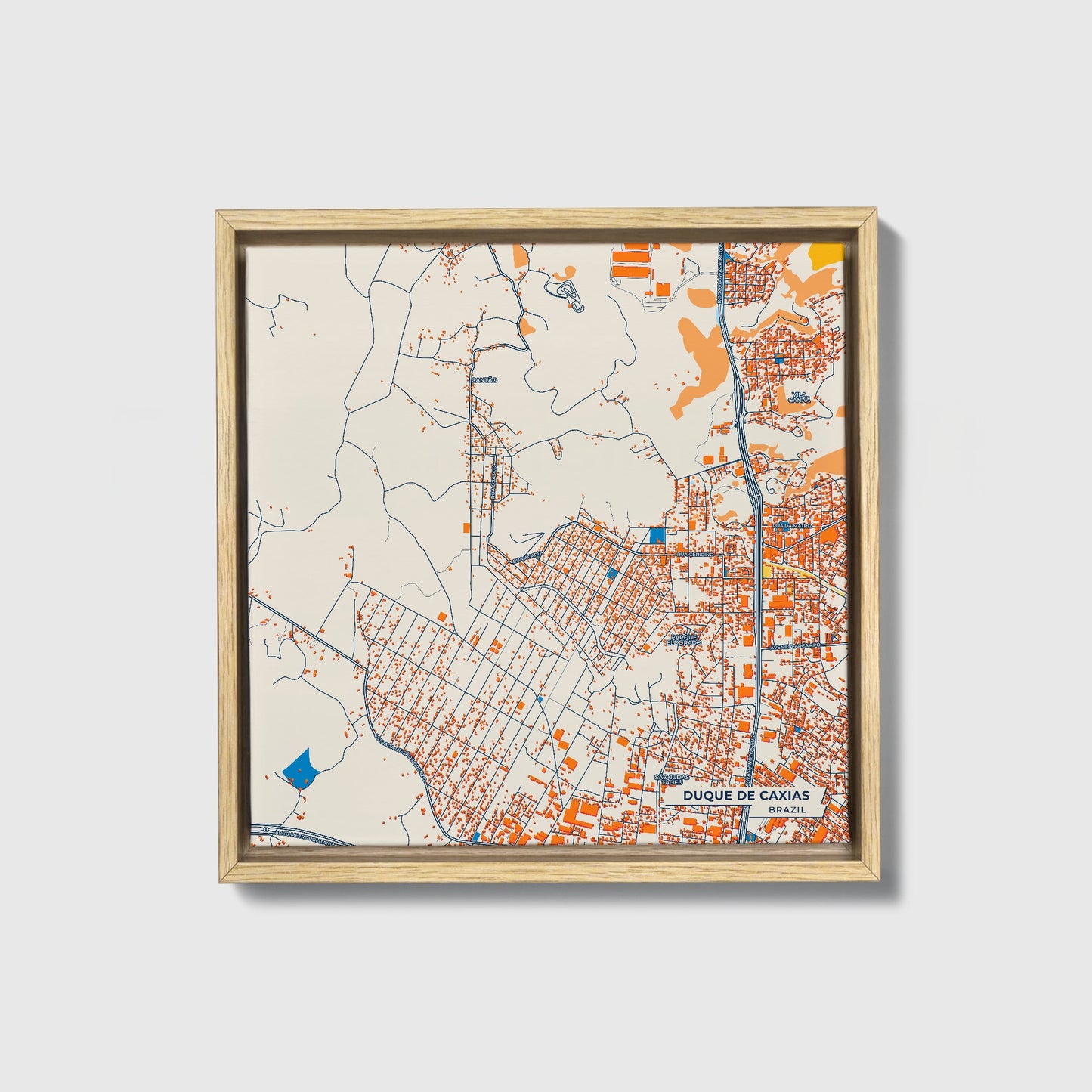 Duque De Caxias Brazil Colorful City Map Canvas Print • Natural Wooden Framed