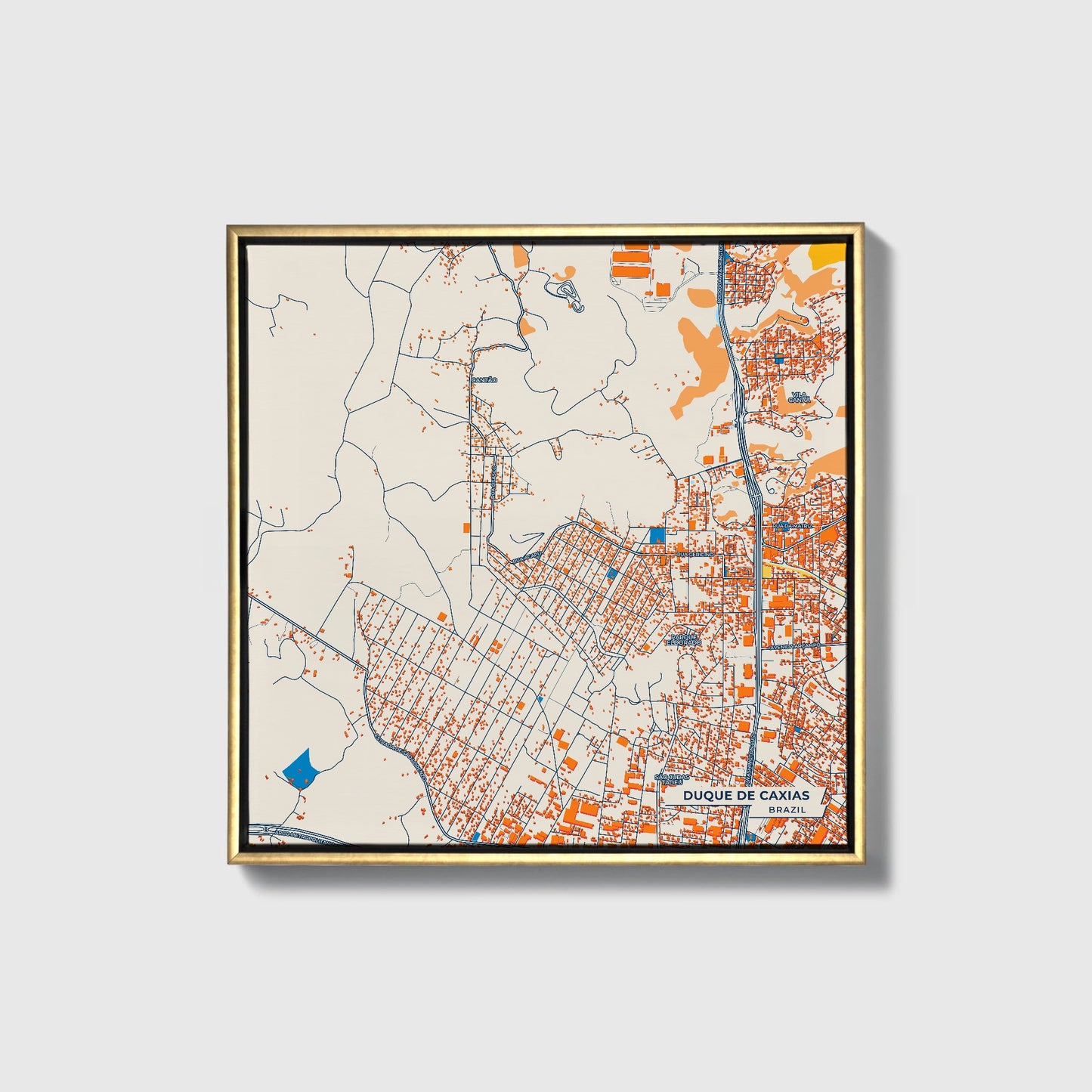 Duque De Caxias Brazil Colorful City Map Canvas Print • Gold Framed