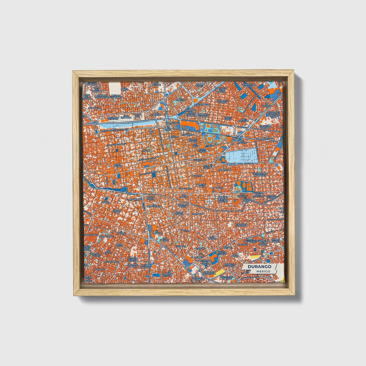 Durango Mexico Colorful City Map Canvas Print • Natural Wooden Framed