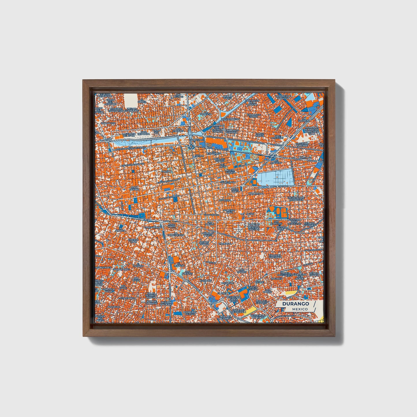 Durango Mexico Colorful City Map Canvas Print • Dark Wooden Framed