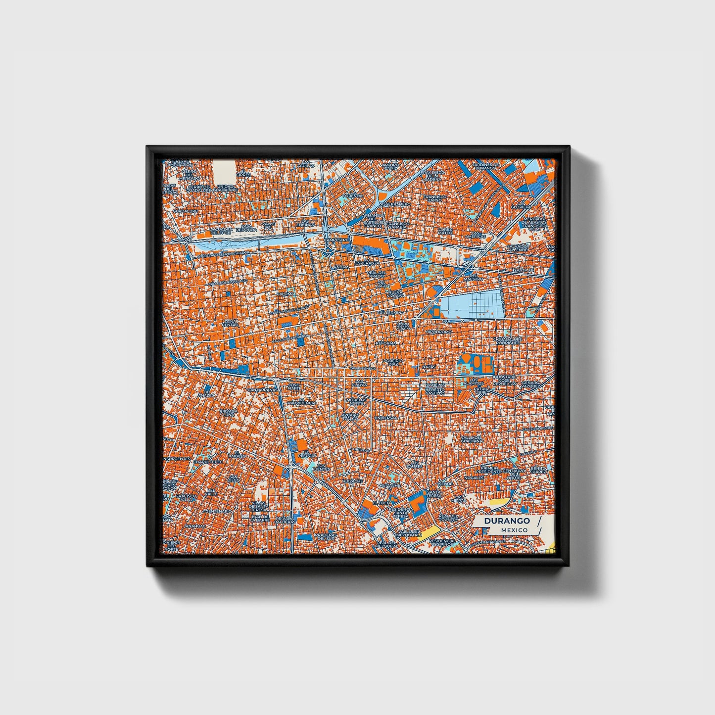 Durango Mexico Colorful City Map Canvas Print • Black Framed