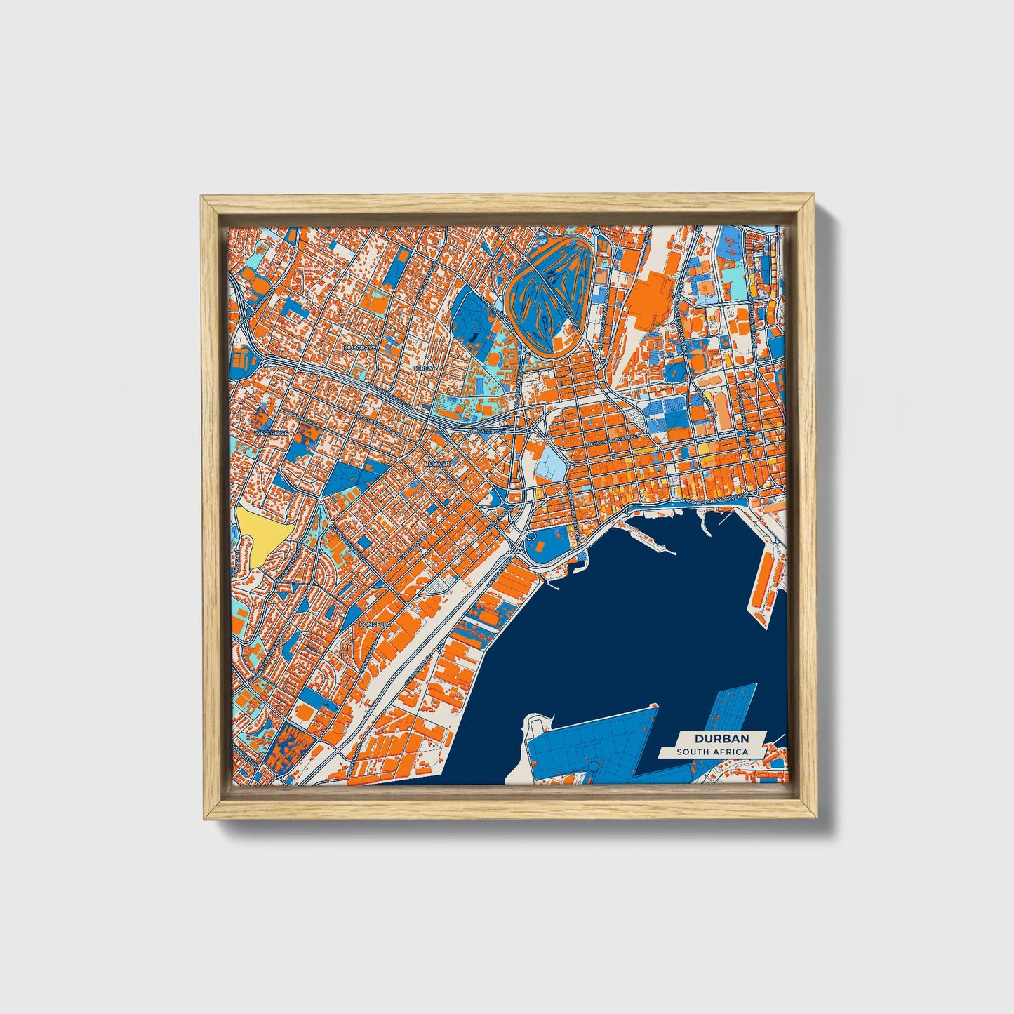 Durban South Africa Colorful City Map Canvas Print • Natural Wooden Framed