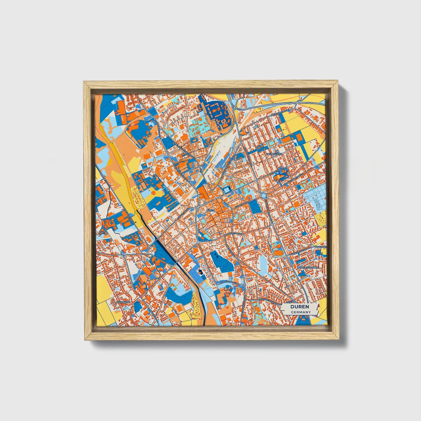 Düren Germany Colorful City Map Canvas Print • Natural Wooden Framed