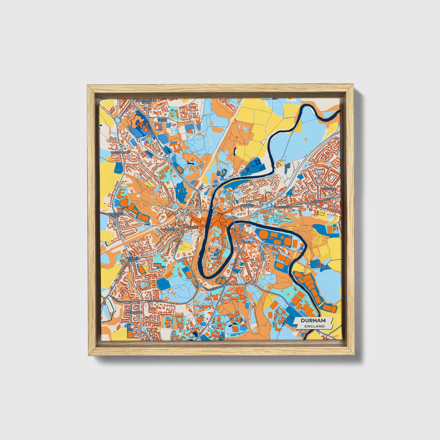 Durham England Colorful City Map Canvas Print • Natural Wooden Framed
