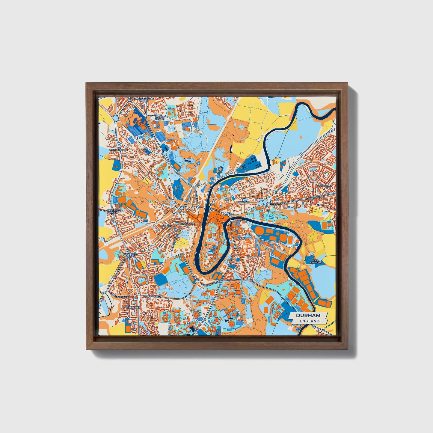 Durham England Colorful City Map Canvas Print • Dark Wooden Framed
