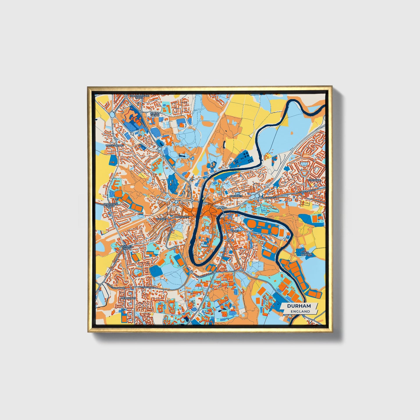 Durham England Colorful City Map Canvas Print • Gold Framed