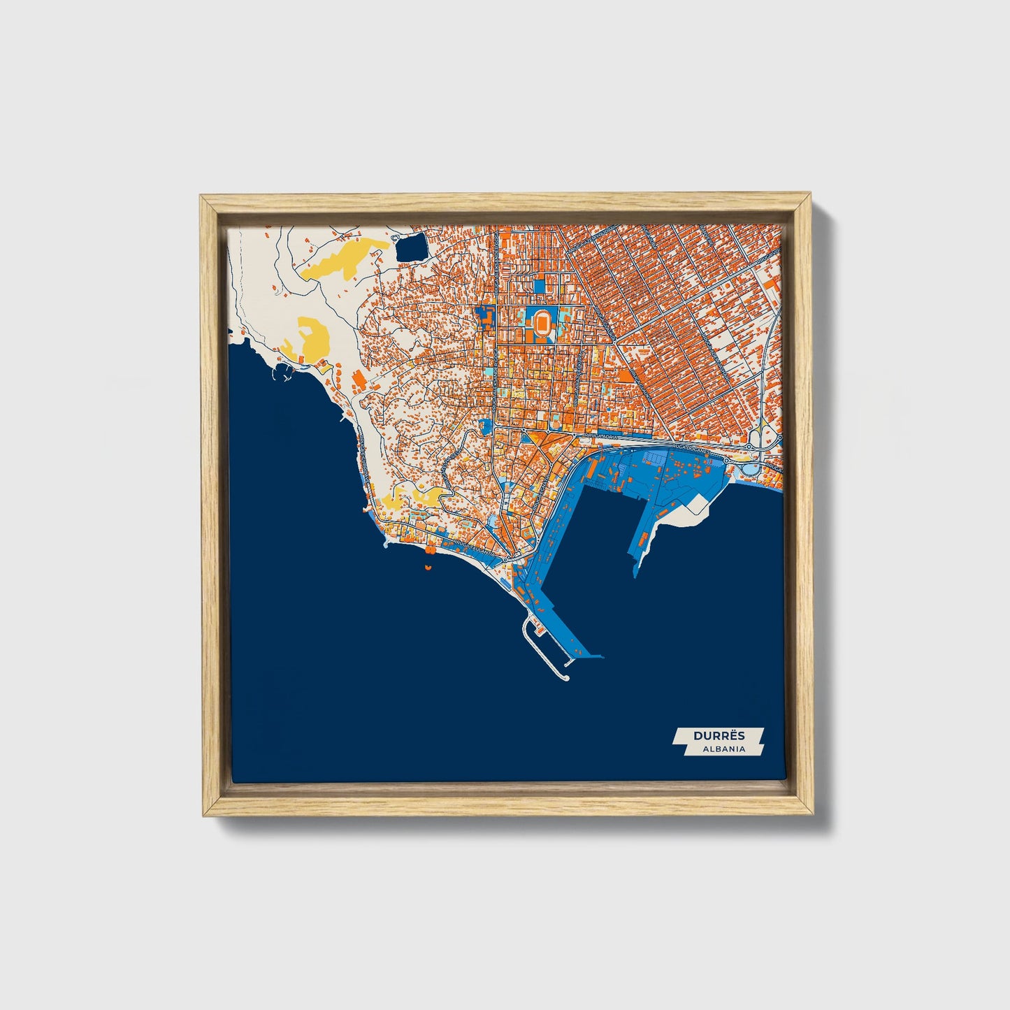 Durrës Albania Colorful City Map Canvas Print • Natural Wooden Framed