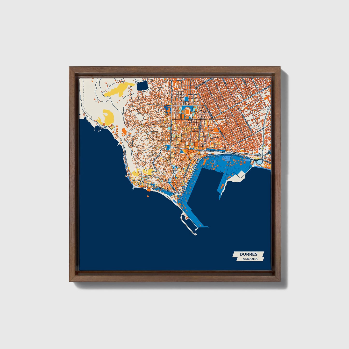 Durrës Albania Colorful City Map Canvas Print • Dark Wooden Framed