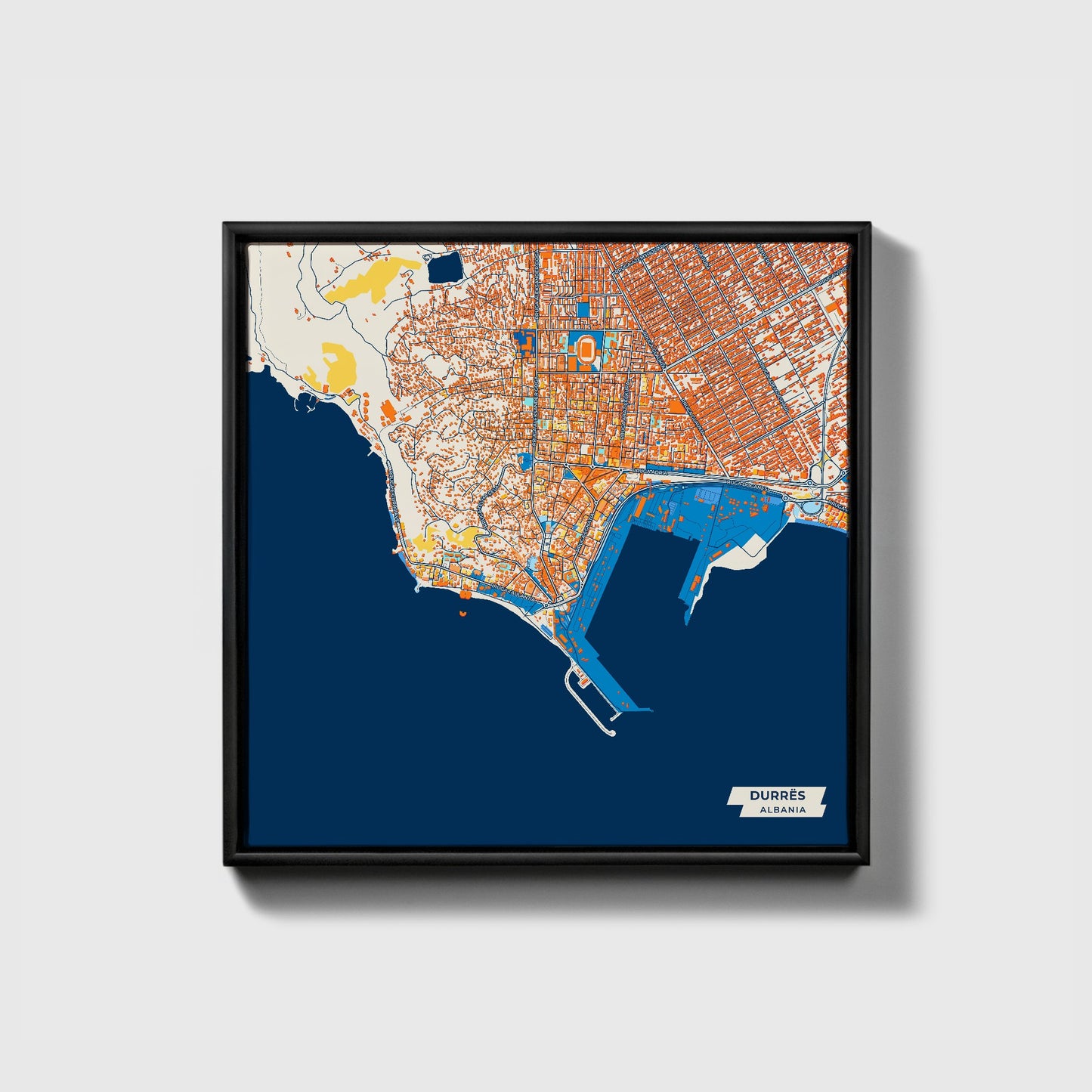 Durrës Albania Colorful City Map Canvas Print • Black Framed