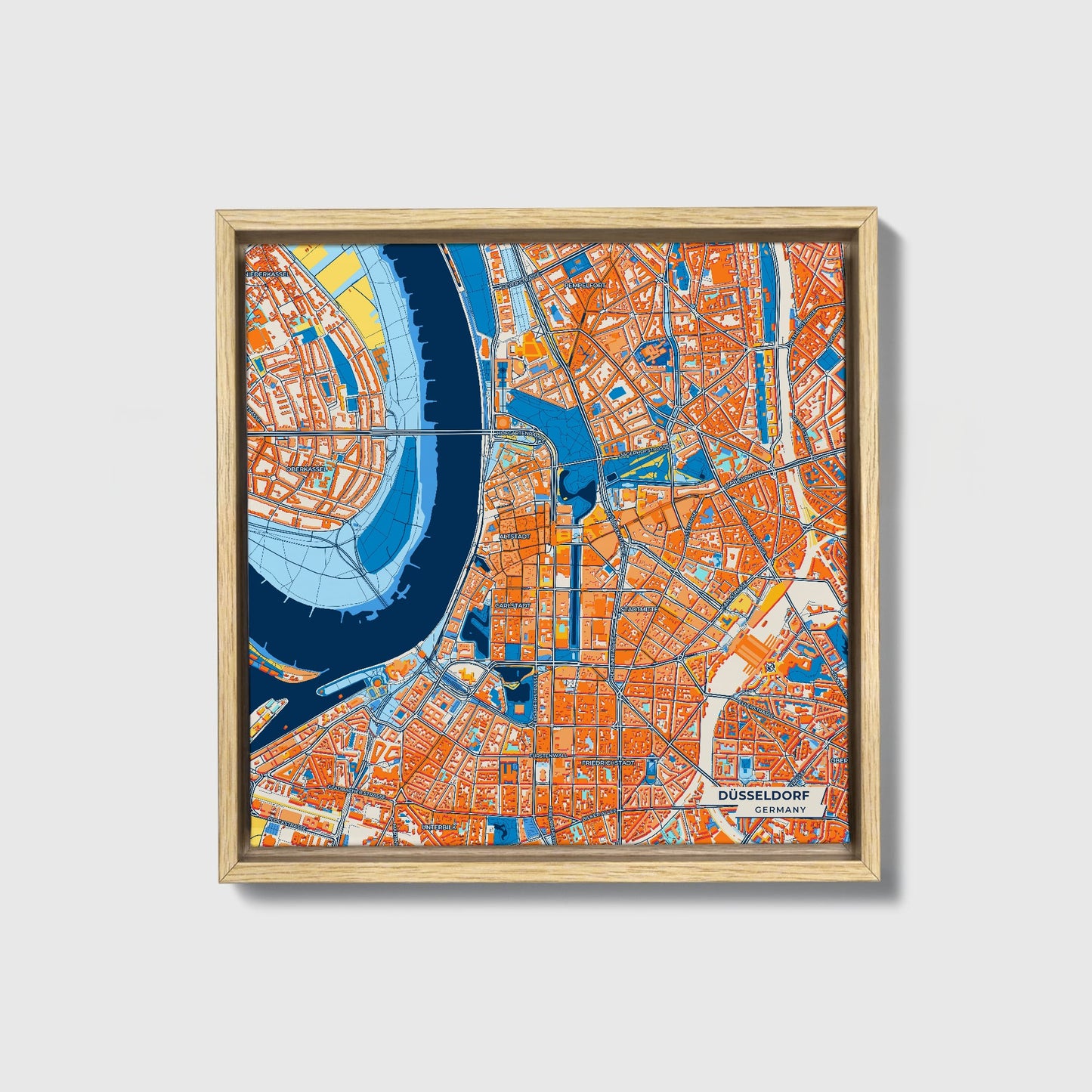 Düsseldorf Germany Colorful City Map Canvas Print • Natural Wooden Framed