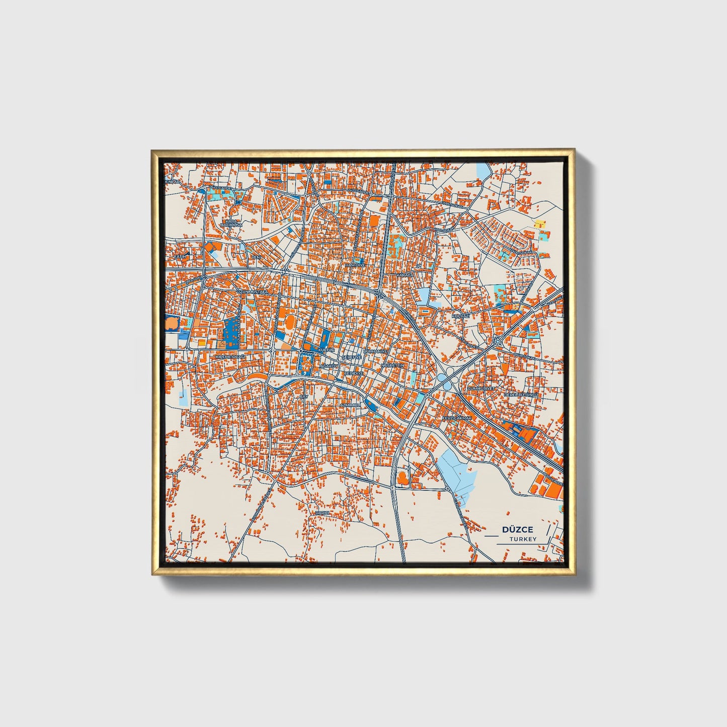Düzce Turkey Colorful City Map Canvas Print • Gold Framed