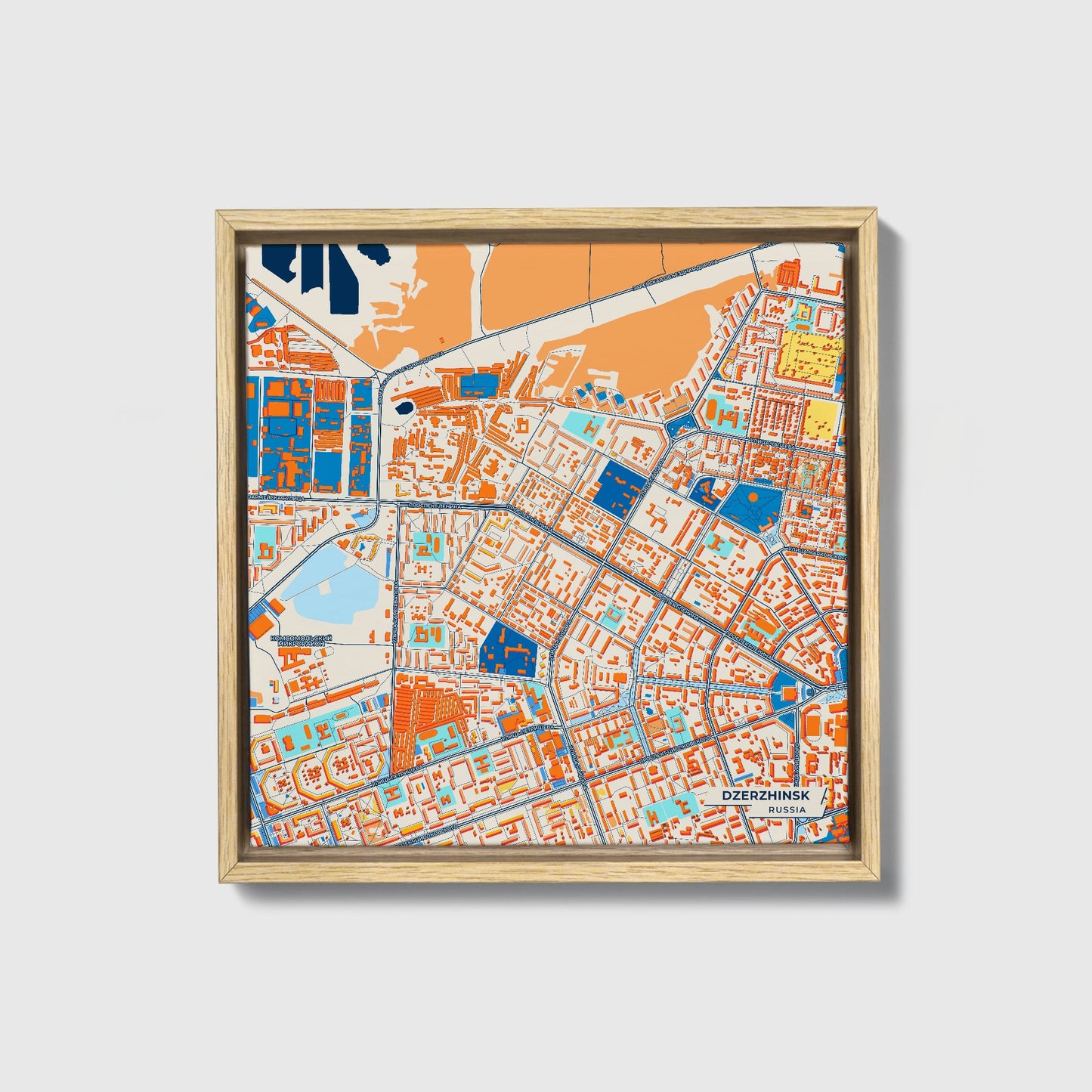 Дзержинск Russia Colorful City Map Canvas Print • Natural Wooden Framed