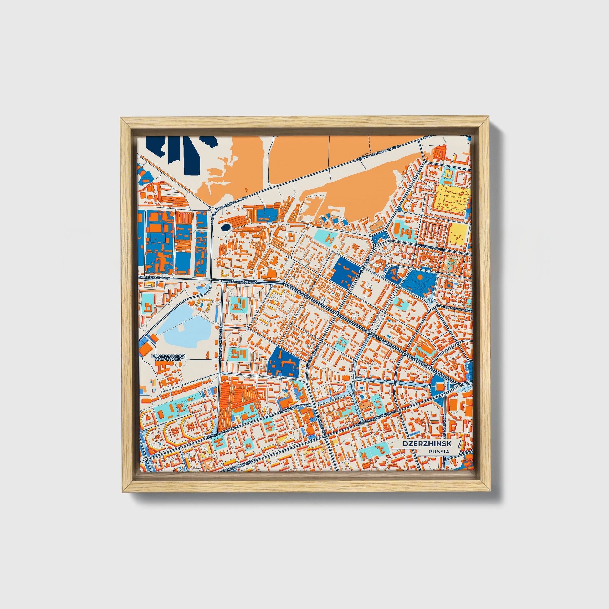 Дзержинск Russia Colorful City Map Canvas Print • Natural Wooden Framed