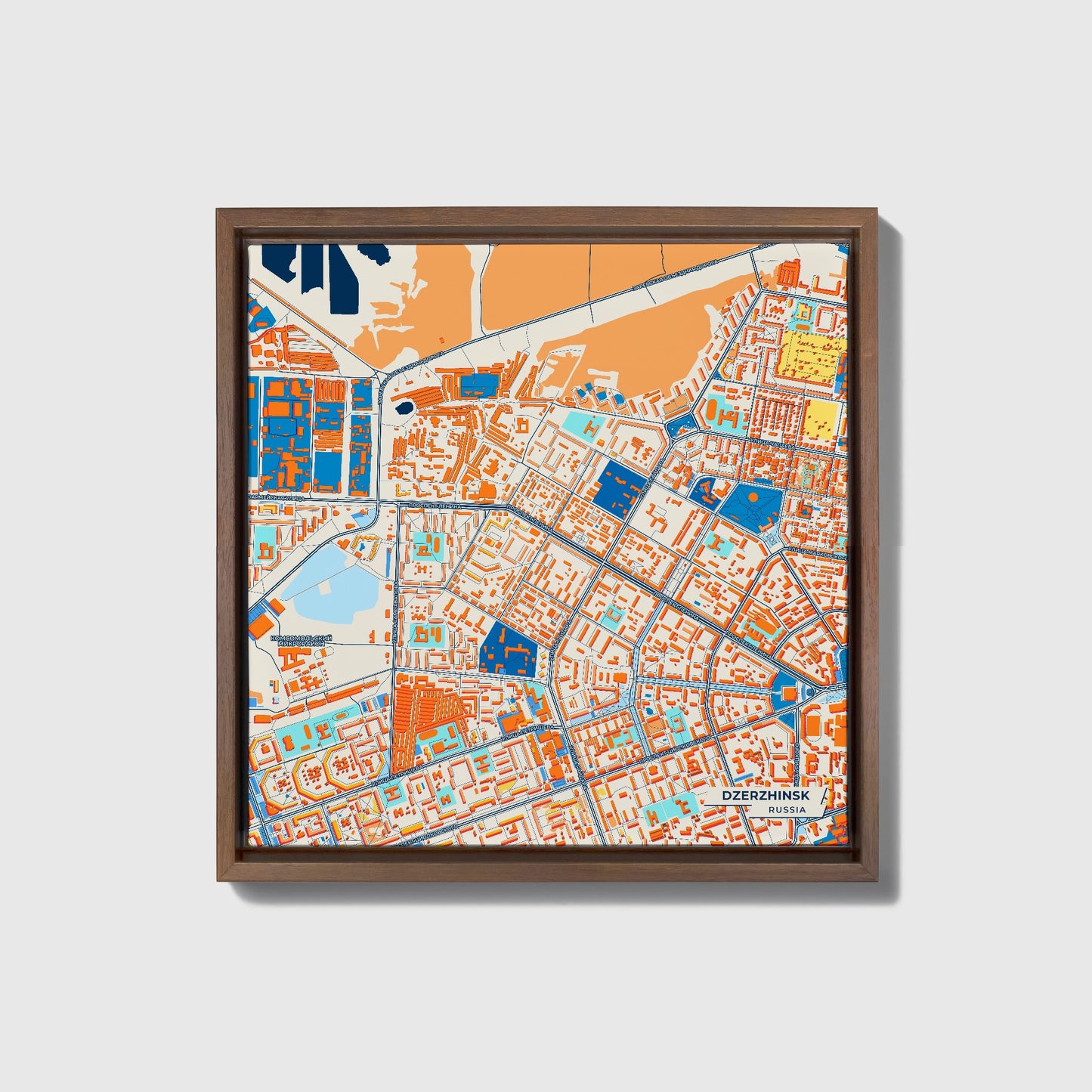 Дзержинск Russia Colorful City Map Canvas Print • Dark Wooden Framed