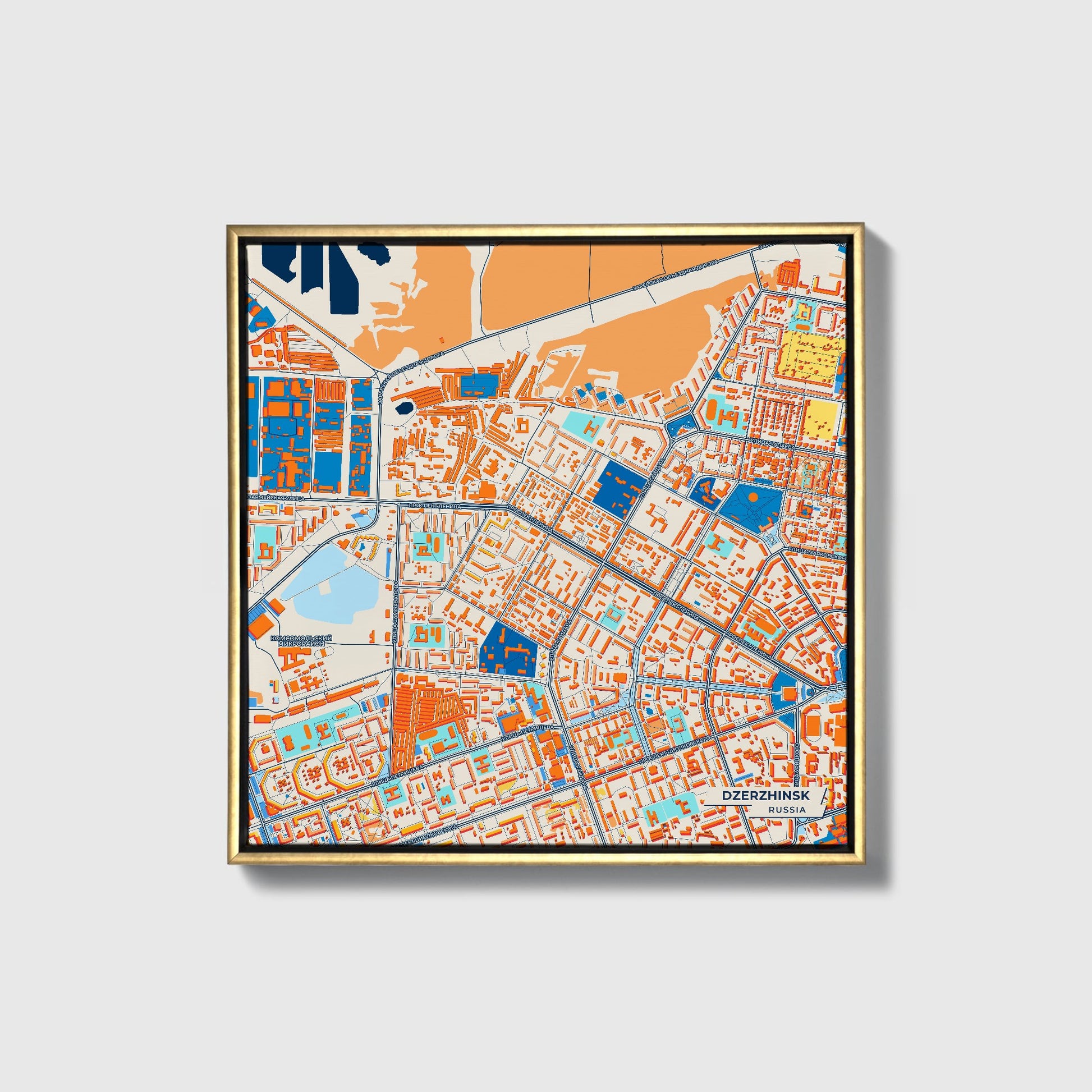 Дзержинск Russia Colorful City Map Canvas Print • Gold Framed