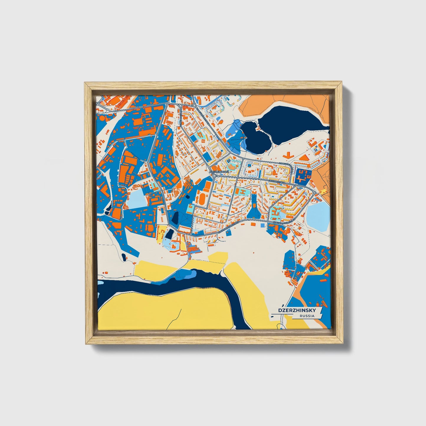 Дзержинский Russia Colorful City Map Canvas Print • Natural Wooden Framed