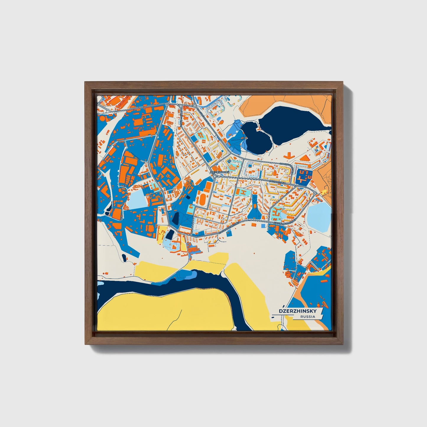 Дзержинский Russia Colorful City Map Canvas Print • Dark Wooden Framed