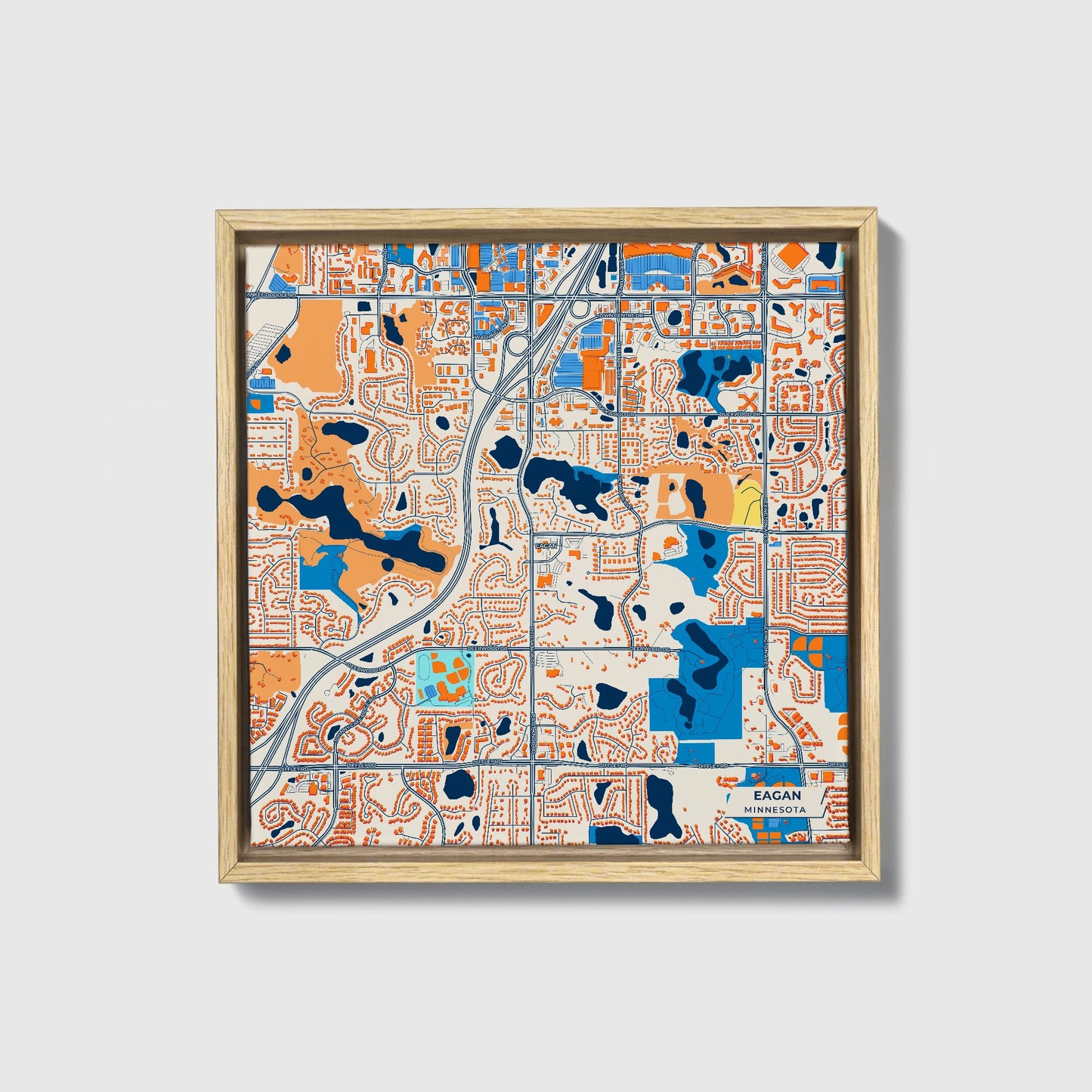 Eagan Minnesota Colorful City Map Canvas Print • Natural Wooden Framed