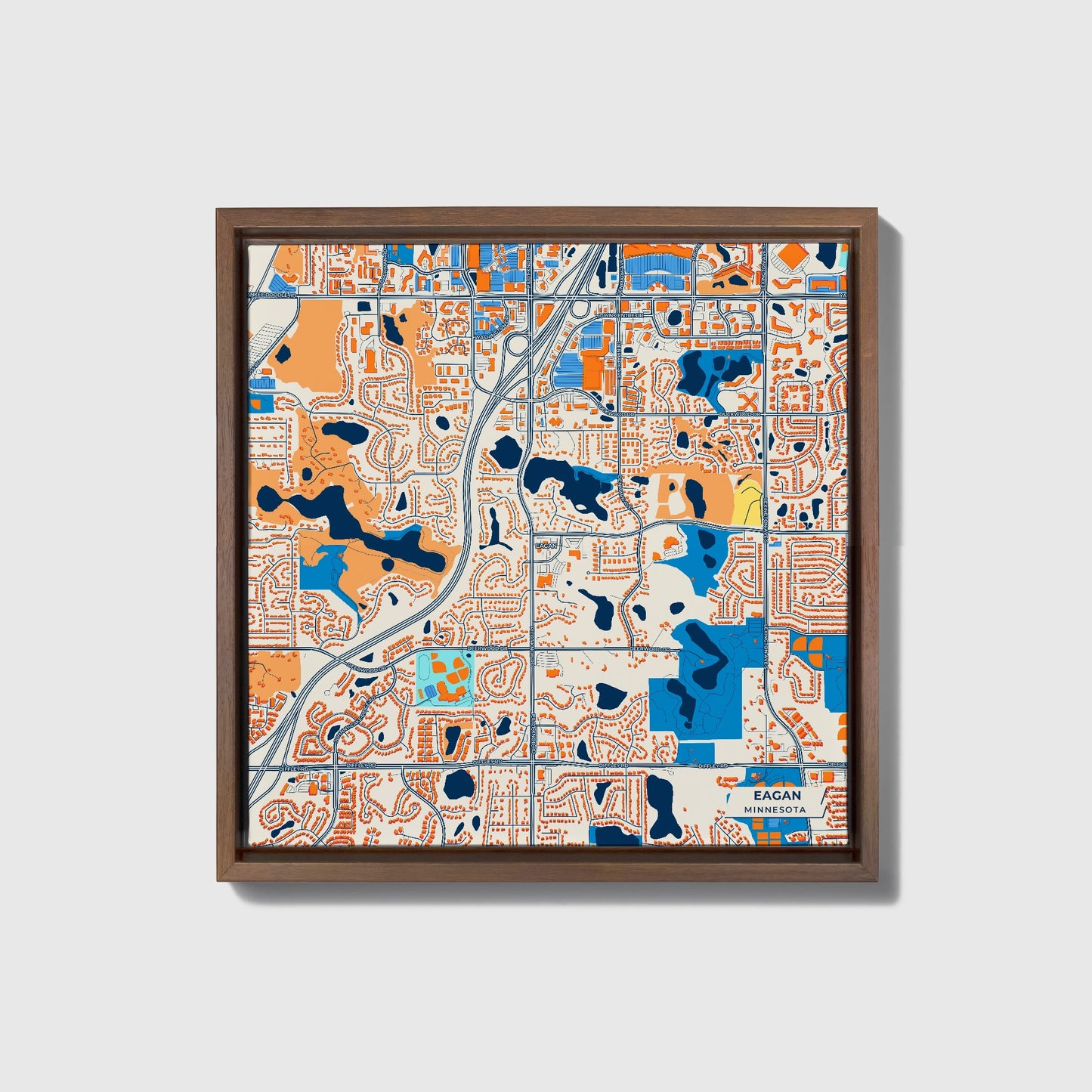 Eagan Minnesota Colorful City Map Canvas Print • Dark Wooden Framed