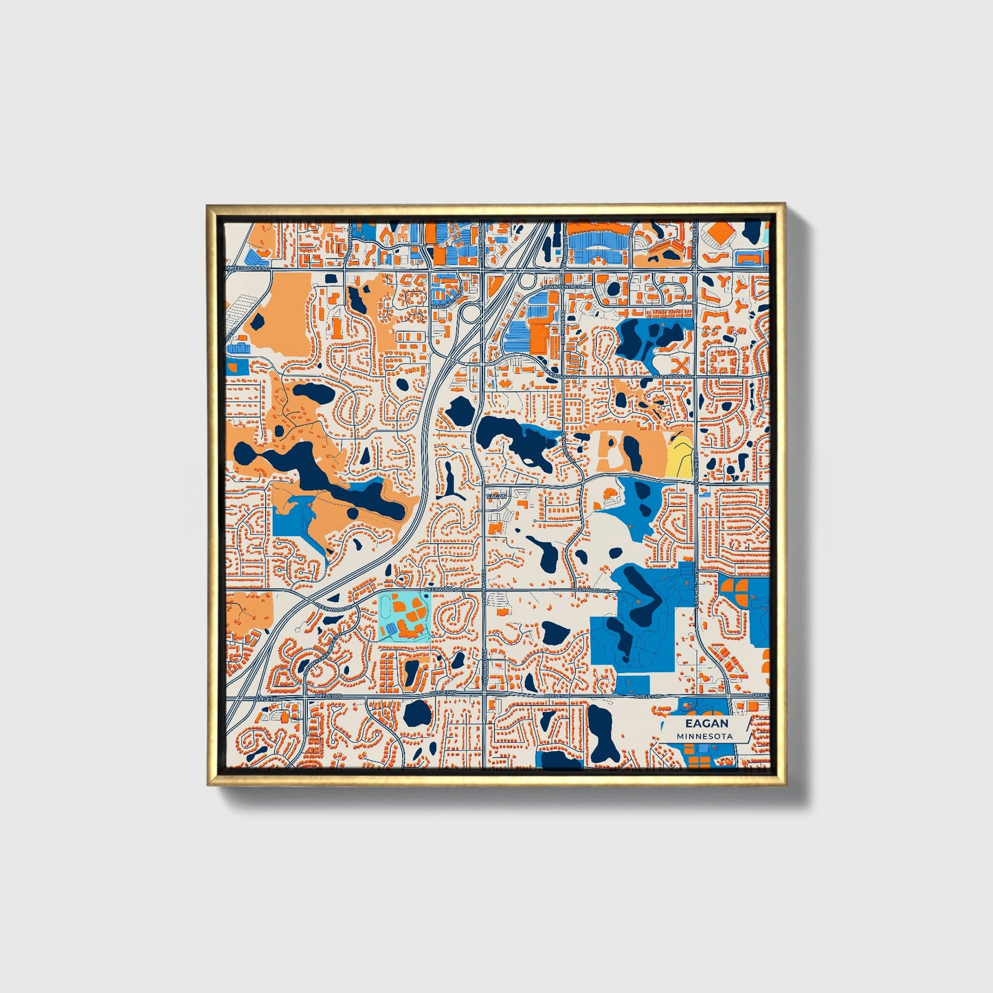 Eagan Minnesota Colorful City Map Canvas Print • Gold Framed