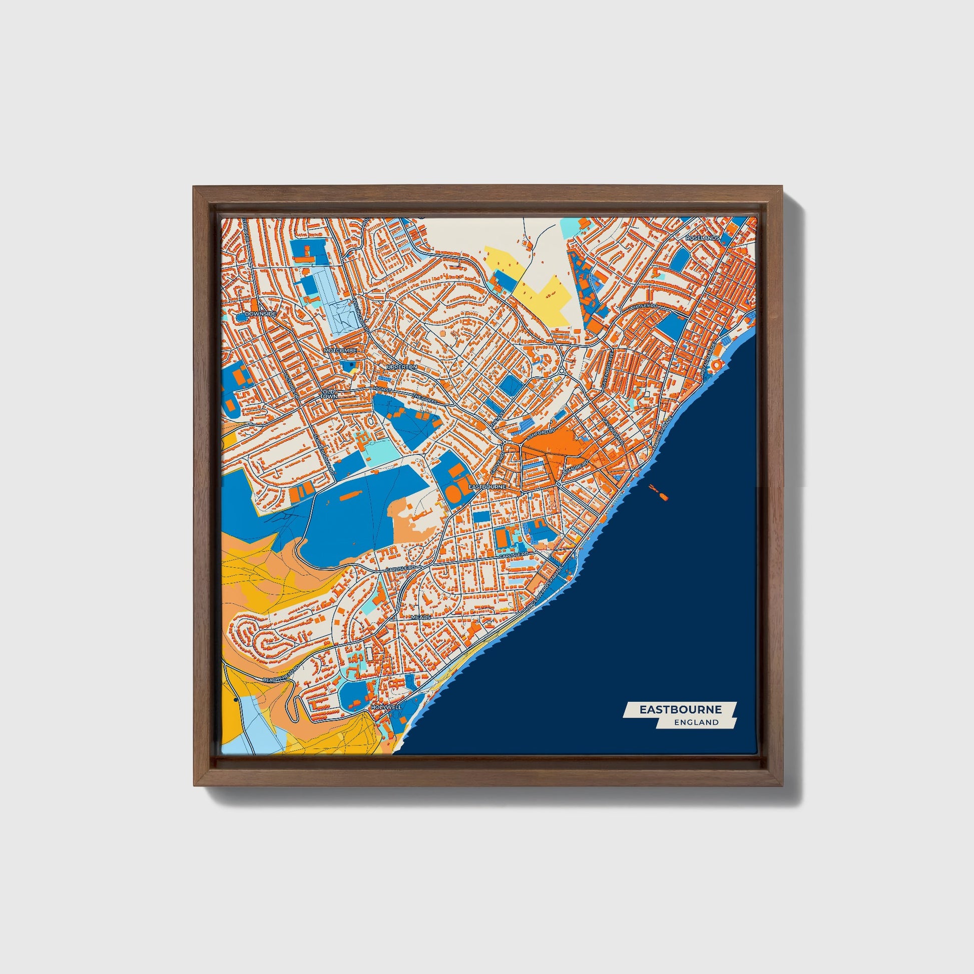Eastbourne England Colorful City Map Canvas Print • Dark Wooden Framed