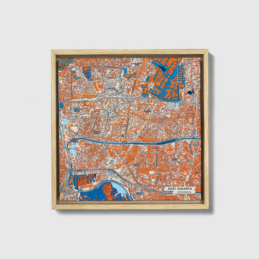 East Jakarta Indonesia Colorful City Map Canvas Print • Natural Wooden Framed