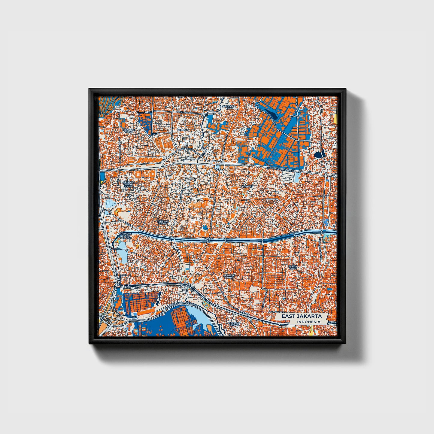 East Jakarta Indonesia Colorful City Map Canvas Print • Black Framed
