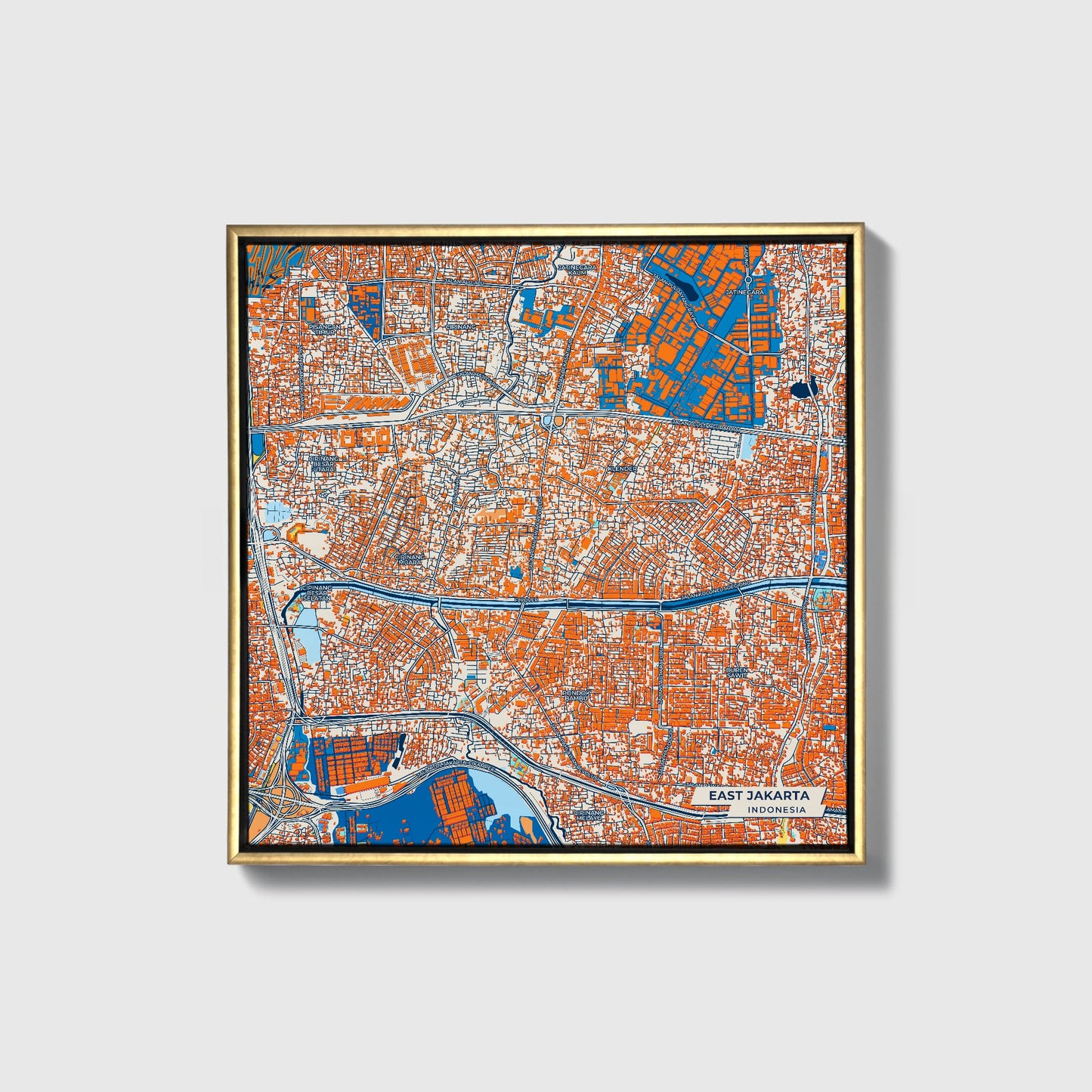East Jakarta Indonesia Colorful City Map Canvas Print • Gold Framed