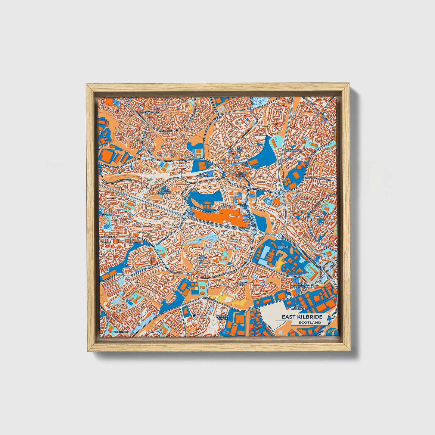 East Kilbride Scotland Colorful City Map Canvas Print • Natural Wooden Framed