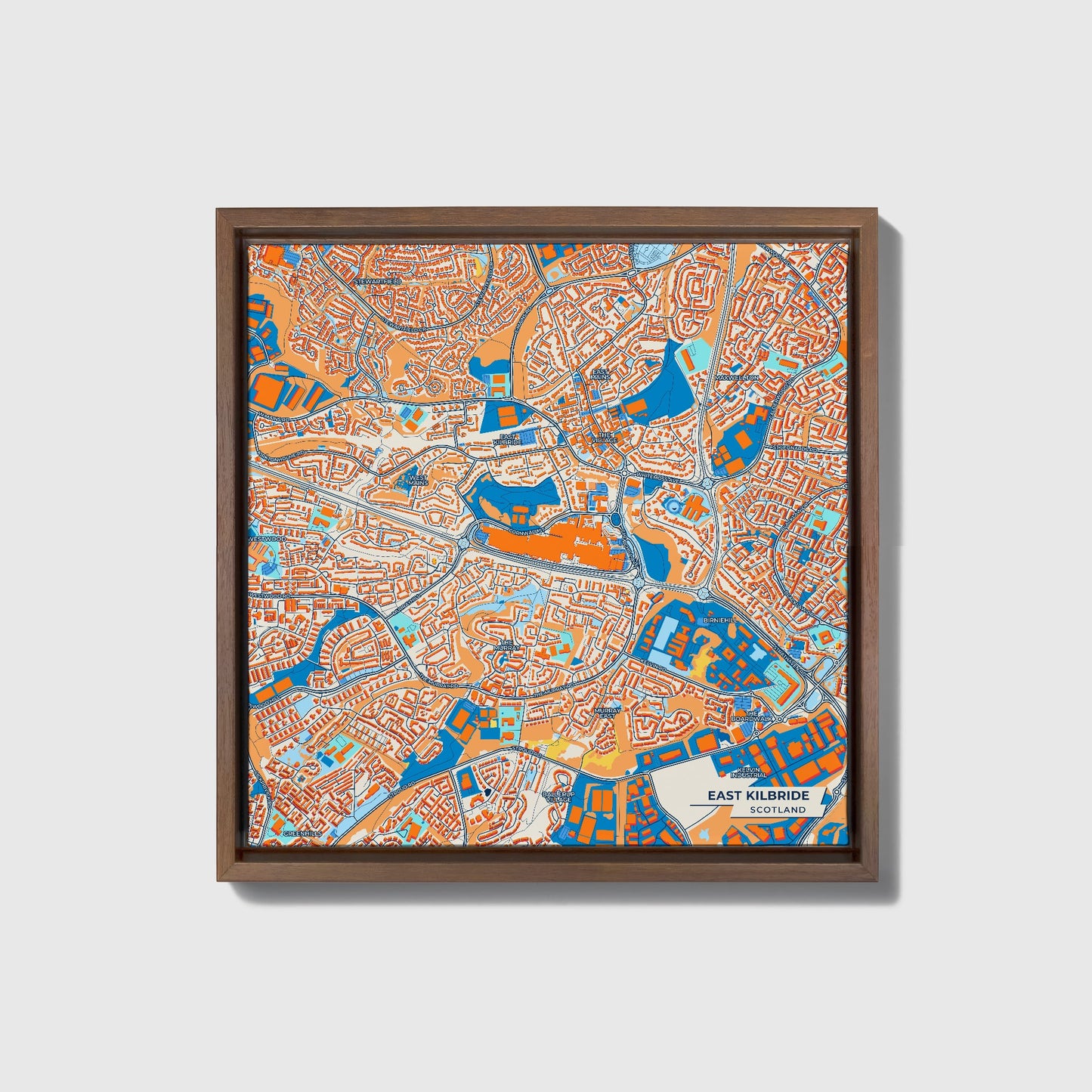 East Kilbride Scotland Colorful City Map Canvas Print • Dark Wooden Framed
