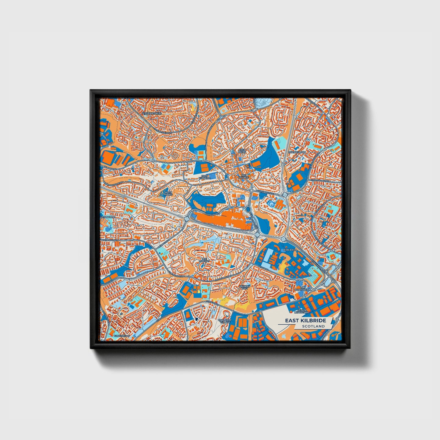 East Kilbride Scotland Colorful City Map Canvas Print • Black Framed