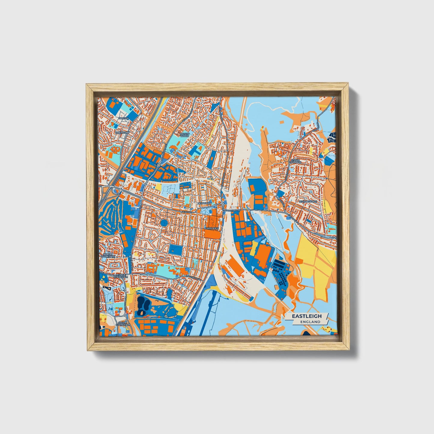 Eastleigh England Colorful City Map Canvas Print • Natural Wooden Framed