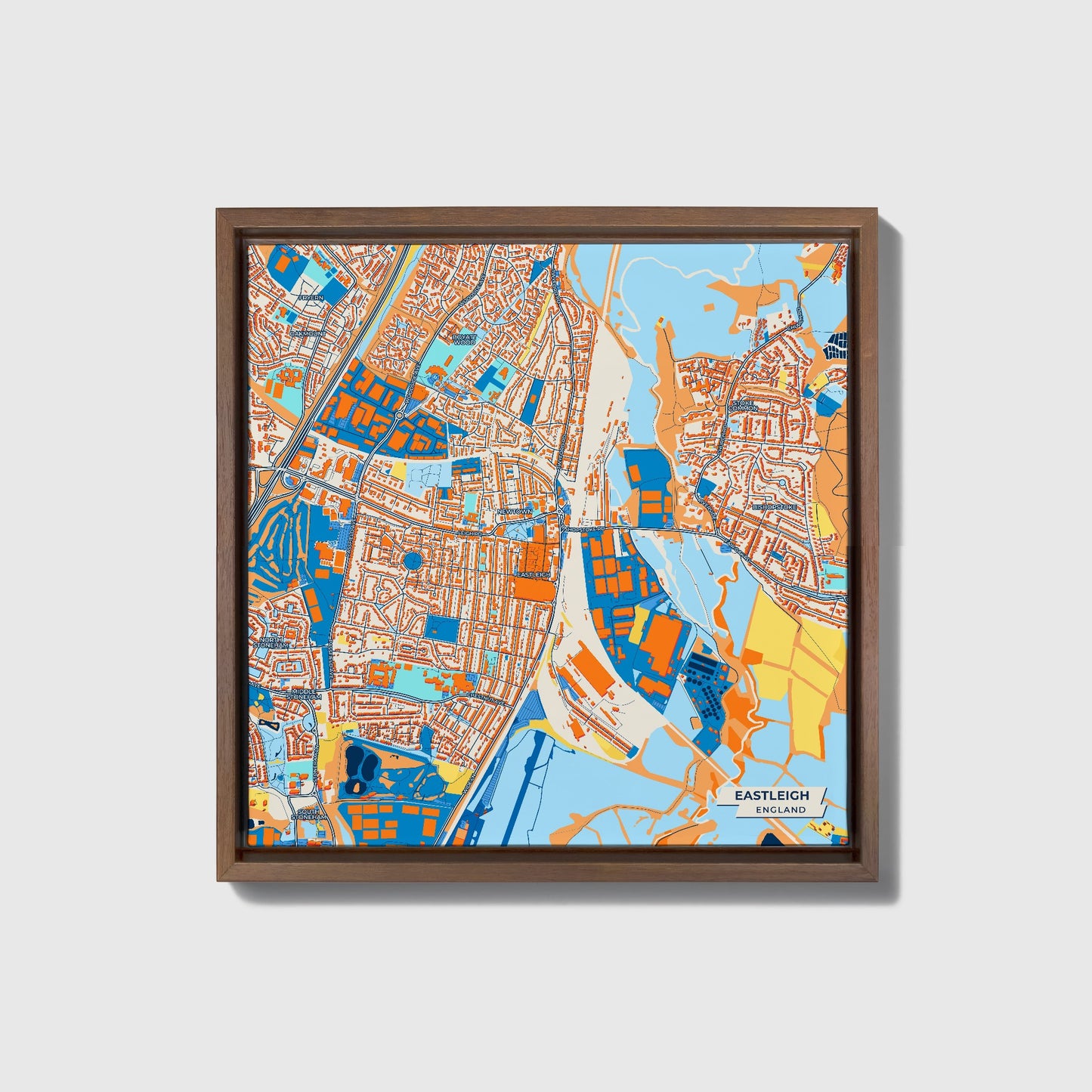 Eastleigh England Colorful City Map Canvas Print • Dark Wooden Framed
