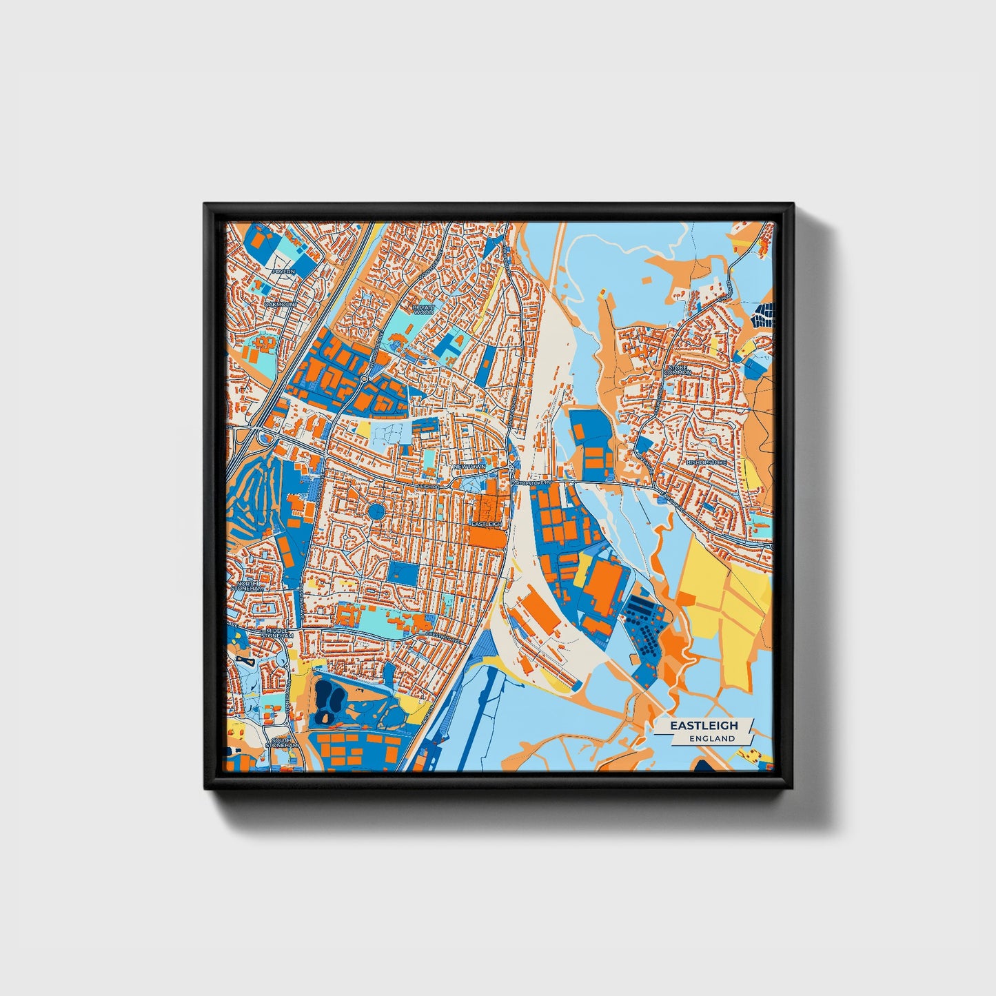Eastleigh England Colorful City Map Canvas Print • Black Framed