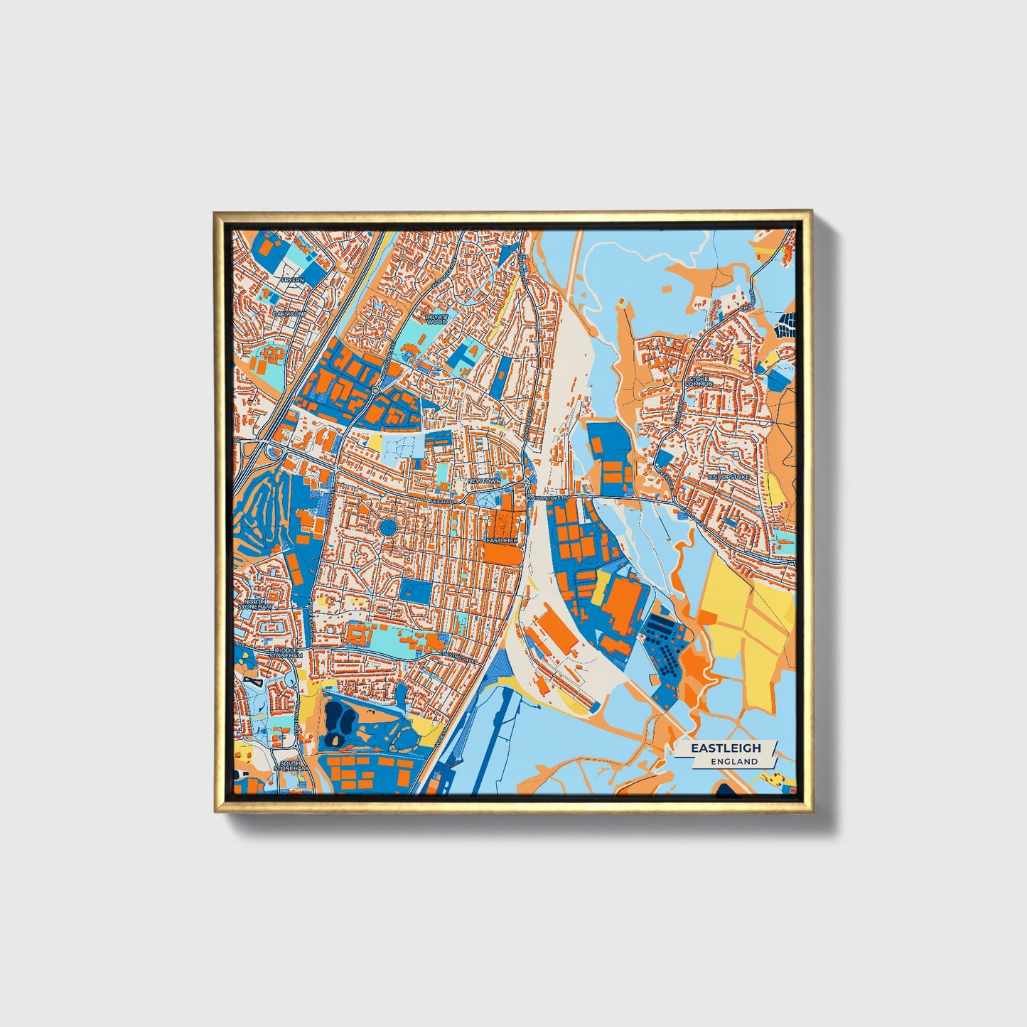 Eastleigh England Colorful City Map Canvas Print • Gold Framed