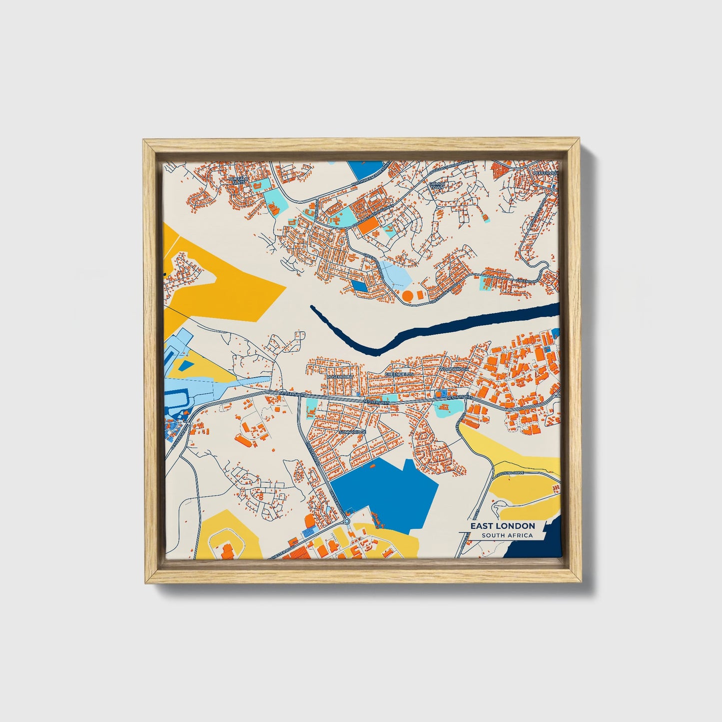 East London South Africa Colorful City Map Canvas Print • Natural Wooden Framed