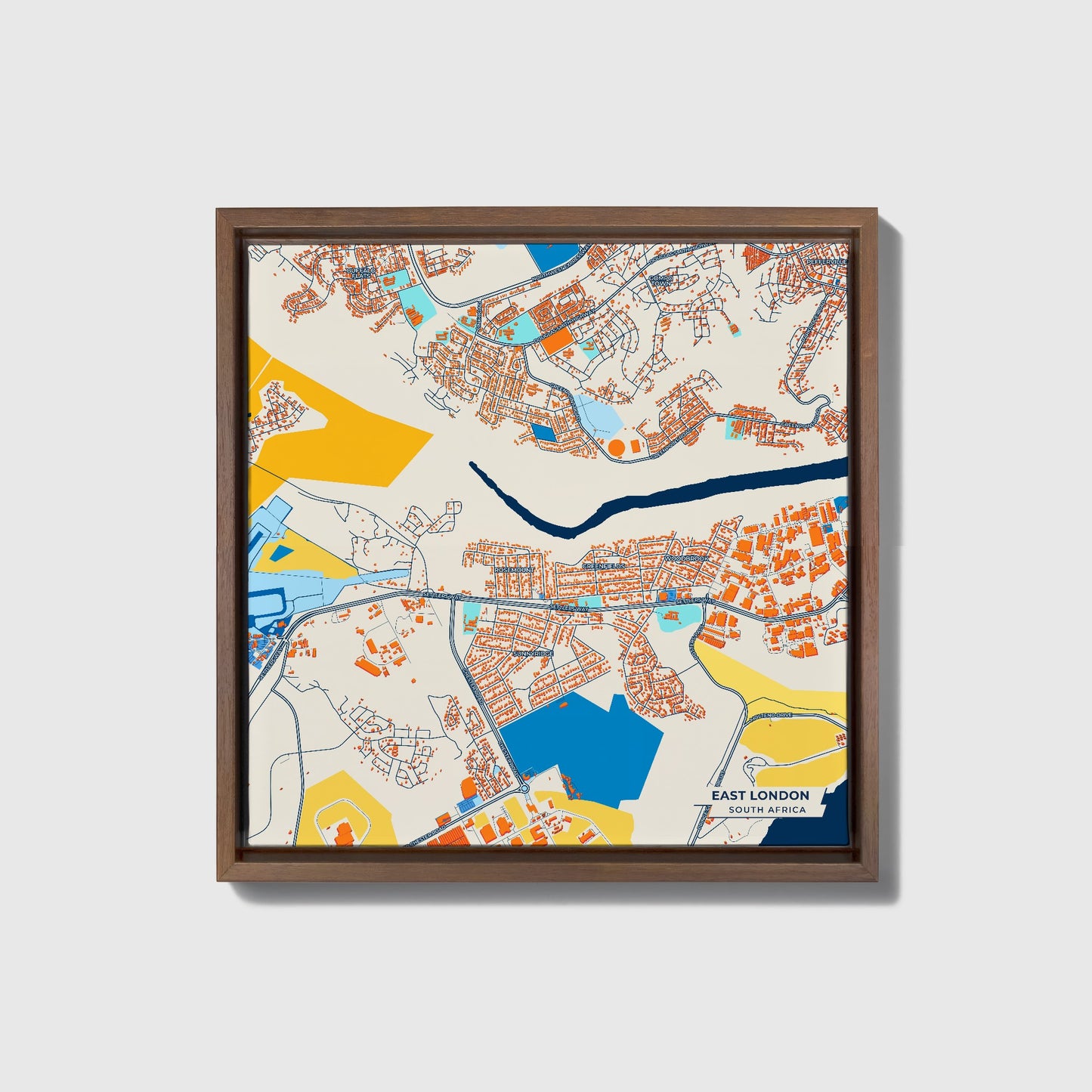 East London South Africa Colorful City Map Canvas Print • Dark Wooden Framed