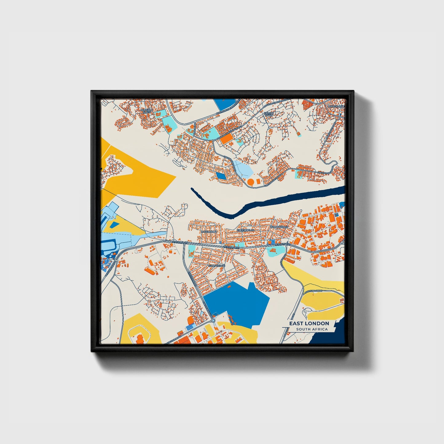 East London South Africa Colorful City Map Canvas Print • Black Framed