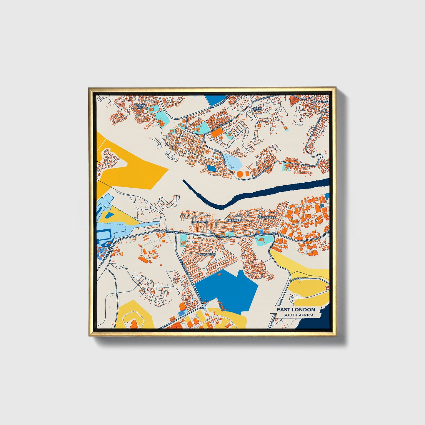 East London South Africa Colorful City Map Canvas Print • Gold Framed