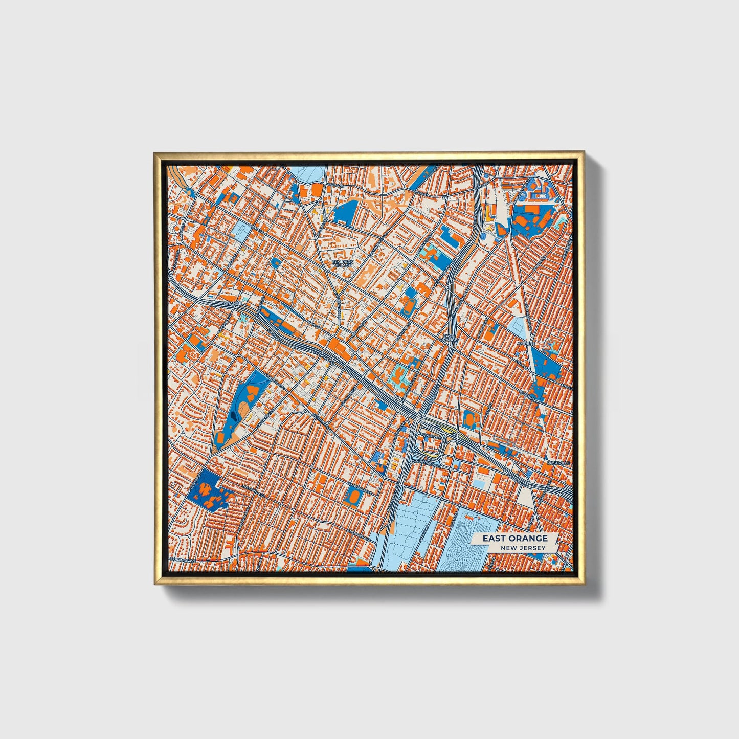East Orange New Jersey Colorful City Map Canvas Print • Gold Framed