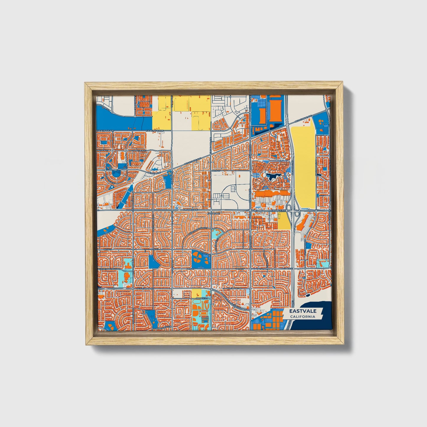 Eastvale California Colorful City Map Canvas Print • Natural Wooden Framed