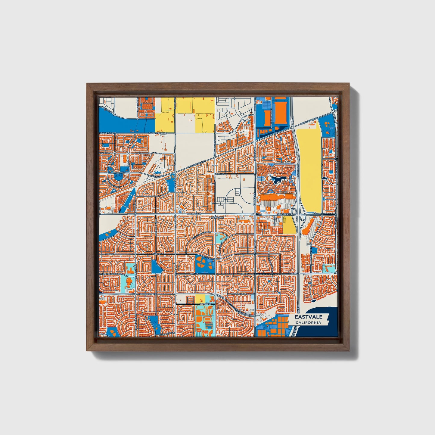 Eastvale California Colorful City Map Canvas Print • Dark Wooden Framed