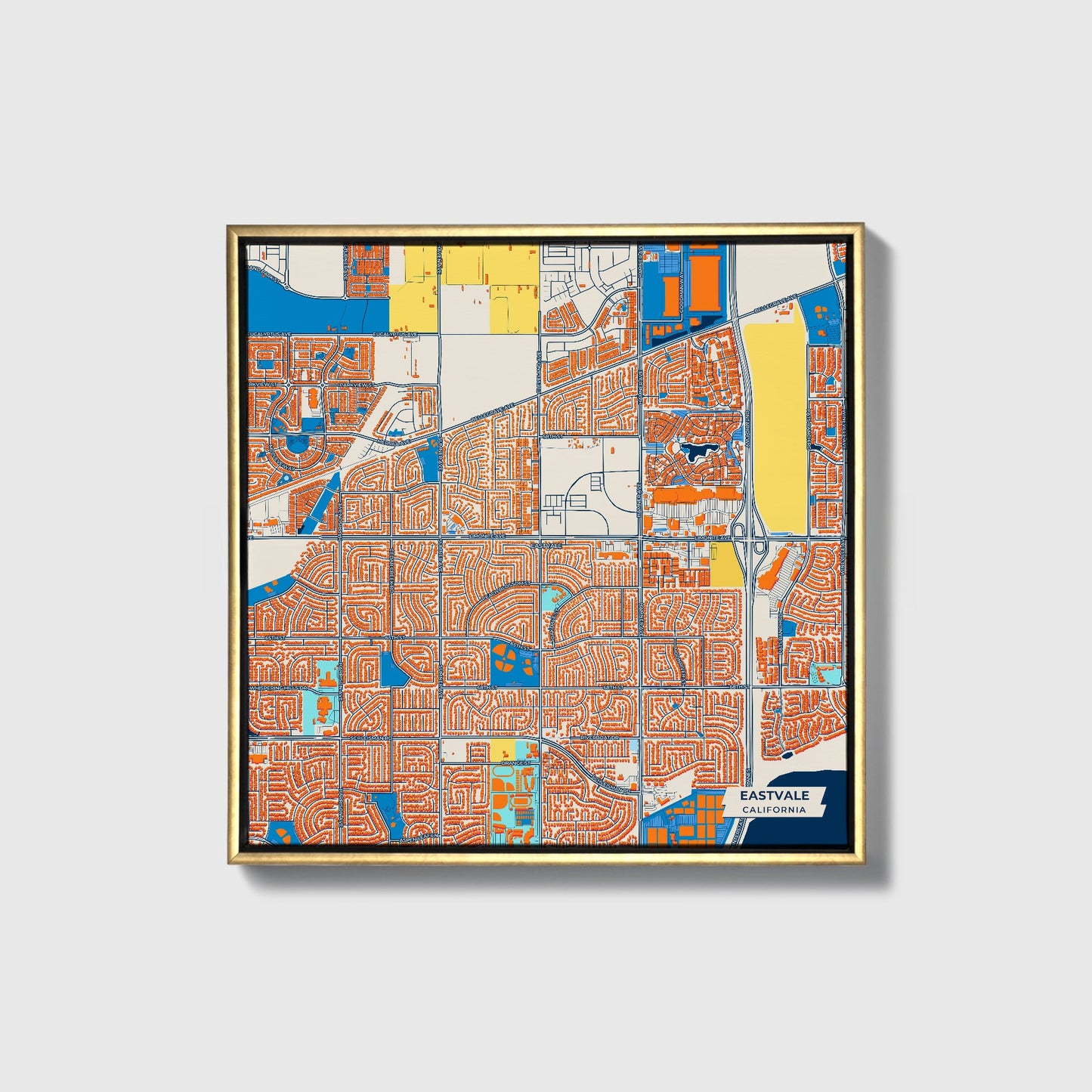 Eastvale California Colorful City Map Canvas Print • Gold Framed