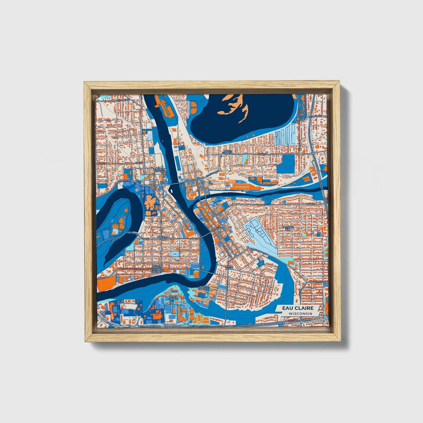 Eau Claire Wisconsin Colorful City Map Canvas Print • Natural Wooden Framed